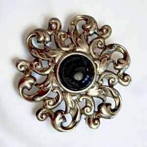 Vintage Silvertone Scroll Brooch with Black Cabochon – 1.25 Inche